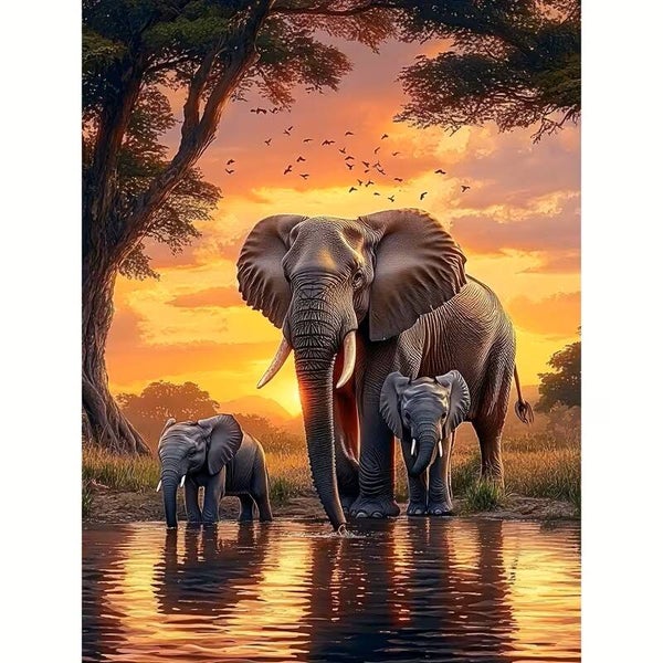 Diamond Painting Olifanten familie 40x30cm (vierkant steentjes)