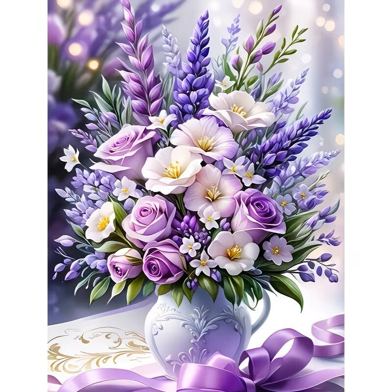 Diamond Painting boeket paars lila bloemen 50x40cm (rond)
