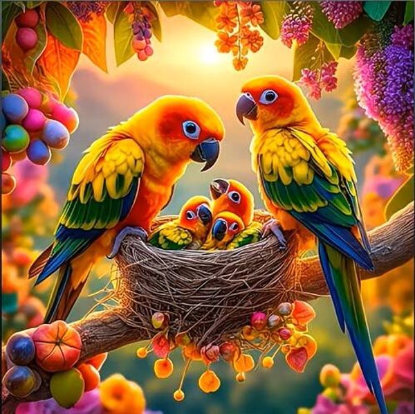 Diamond Painting papegaaien nest 40x40cm (rond)