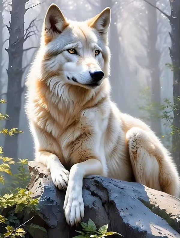 nr 132 Diamond Painting witte wolf steen 50x40cm (rond)