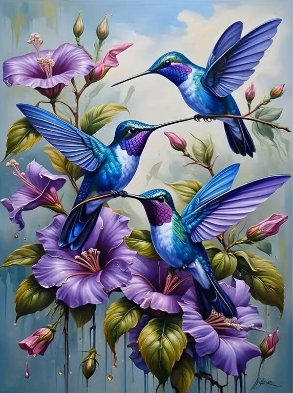 nr 174 Diamond Painting vogels bloemen 40x30cm (vierkant)