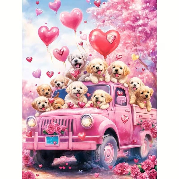 Diamond Painting puppy's op roze auto 50x40cm (vierkant)