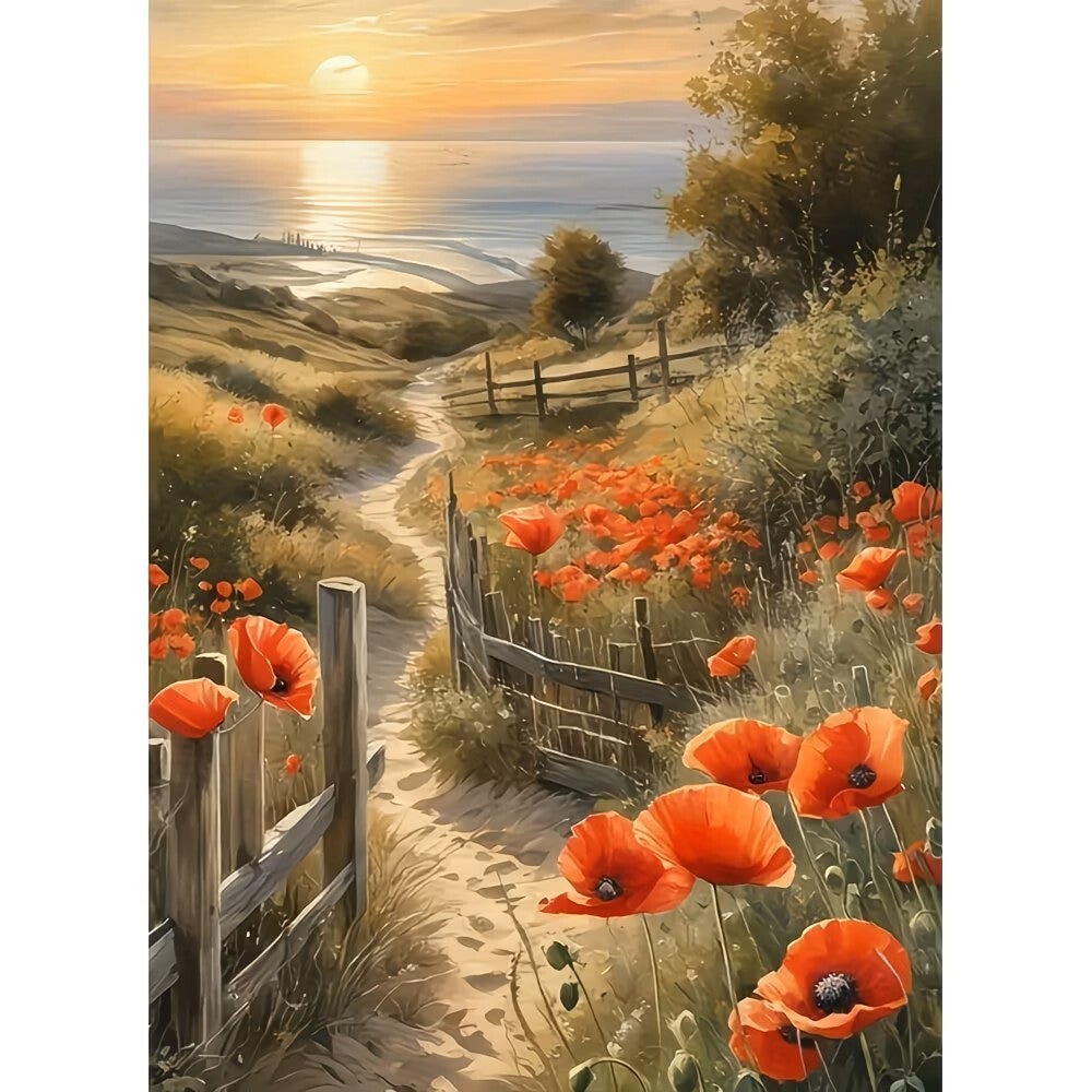 Diamond Painting wilde bloemen in de duinen 40x30cm (rond)