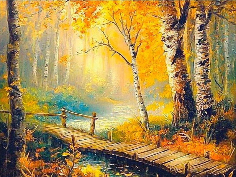 nr 135 Diamond Painting herfst bos brug 50x40cm (rond)
