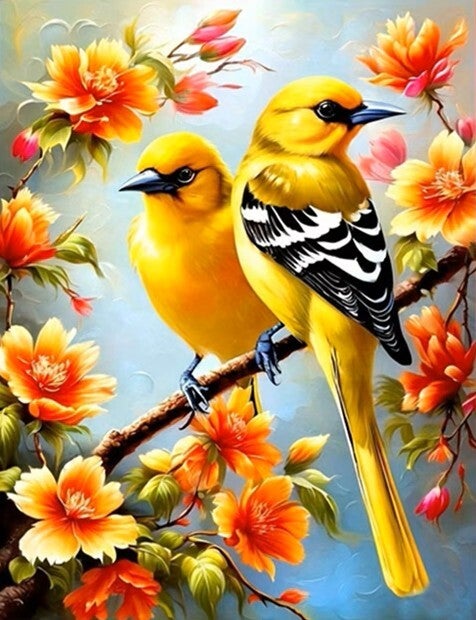nr 102 Diamond Painting vogeltjes bloemen 50x40cm (rond)