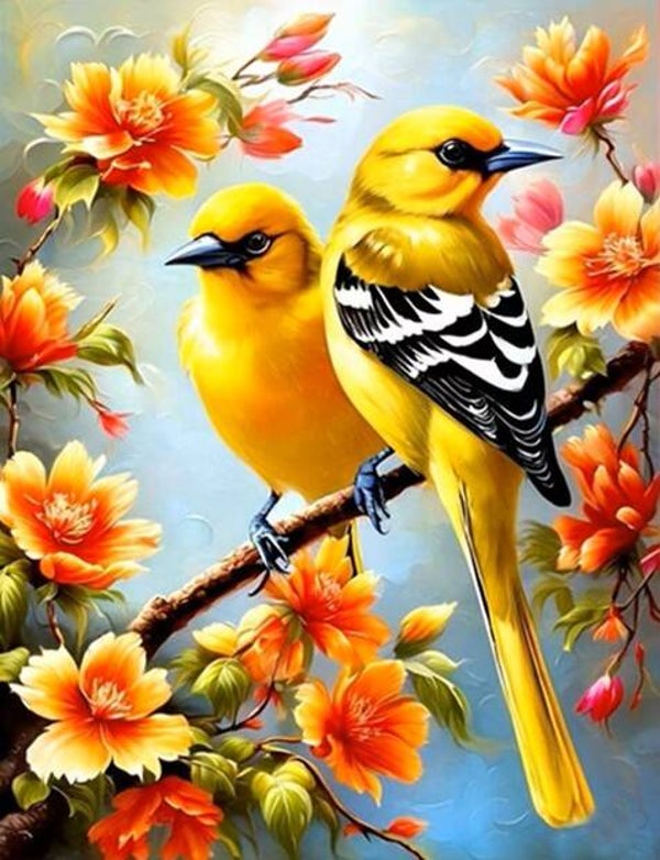 nr 102 Diamond Painting vogeltjes bloemen 50x40cm (rond)