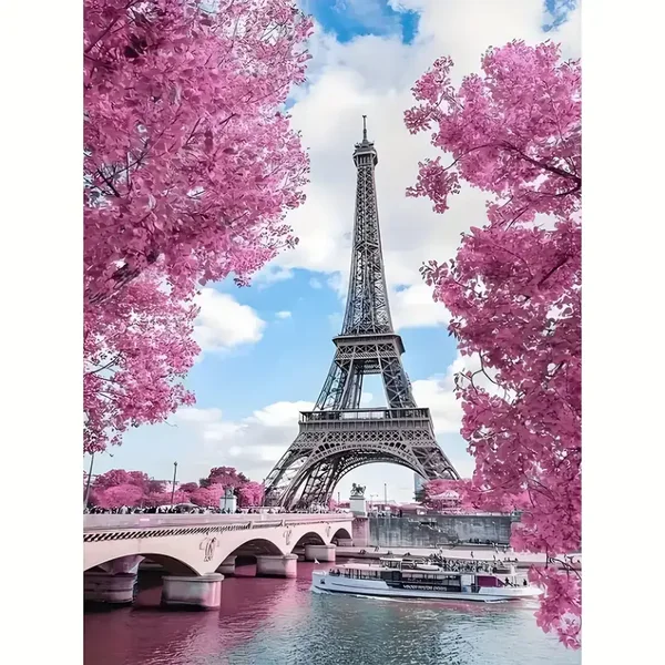 Diamond Painting set Eiffeltoren roze bos 20x30cm (ronde steentjes)