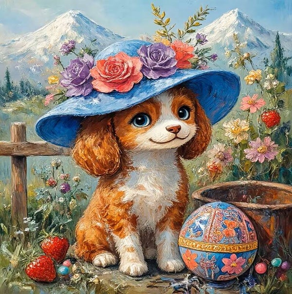 20x20cm Diamond painting hondje met hoed nr 817