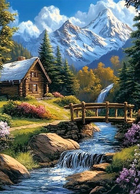 nr 263 Diamond Painting Alpenhuisje 40x30cm (rond)