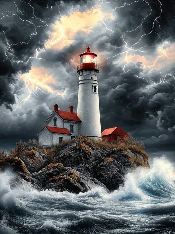 nr 16 Diamond Painting vuurtoren in storm 50x40cm (vierkant)