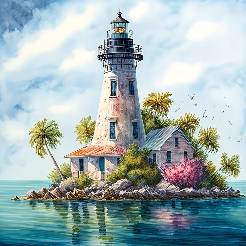 Diamond Painting vuurtoren eiland 20x20cm (rond)