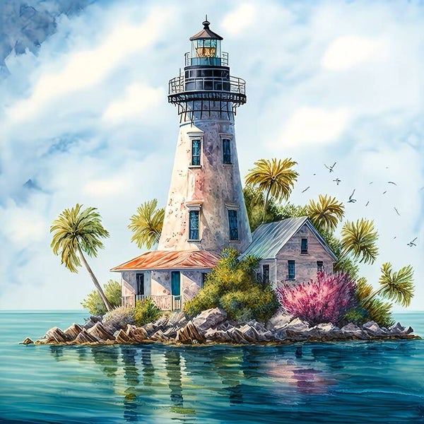 Diamond Painting vuurtoren eiland 20x20cm (rond)