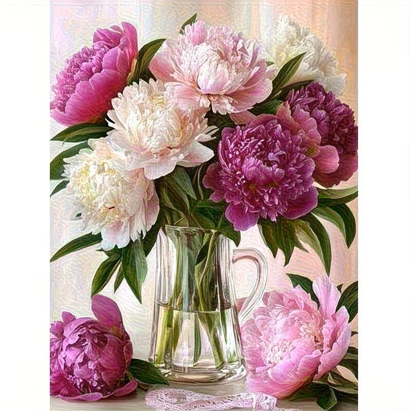 Diamond Painting vaas bloemen roze 40x30cm (rond)