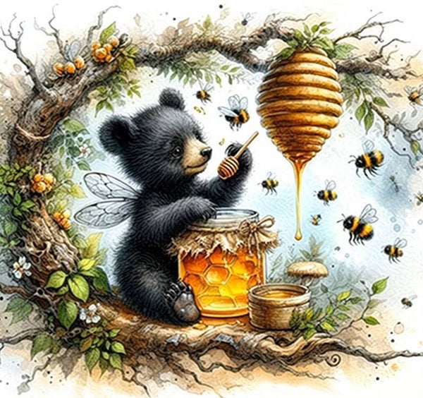 nr 512 Diamond Painting beer met honingpot  20x20cm (rond)