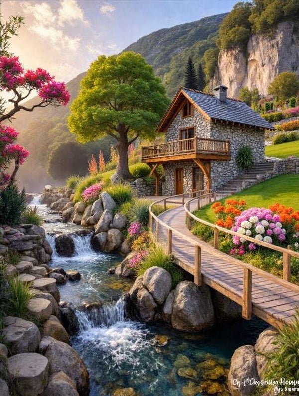 40x30cm Diamond Painting berg huis waterval nr 663