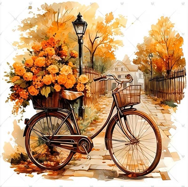 20x20cm Diamond Painting bloemen fiets (rond) nr 518