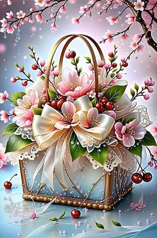 nr 256 Diamond Painting bloemen kersen 40x30cm (rond)
