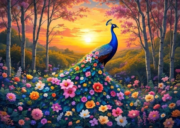nr 166 Diamond Painting bloemen pauw 40x30cm (vierkant)