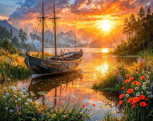 50x40cm Diamond Painting boot zonsondergang (vierkant) nr 1