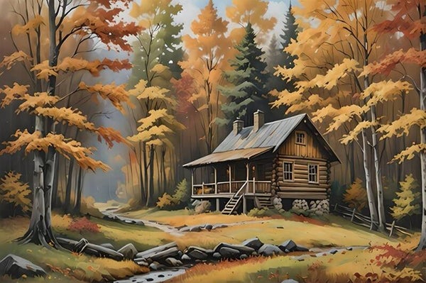 nr 366 Diamond Painting boshuisje herfst 30x20cm (rond)