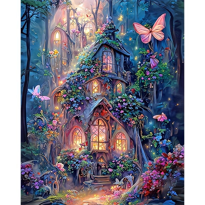 Diamond Painting fantasie boomhuis 40x30cm (rond)