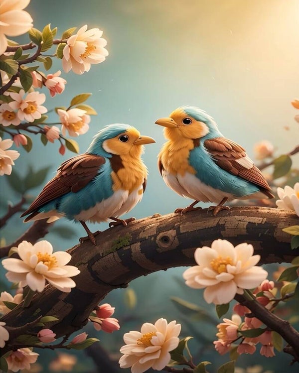 50x40cm Diamond Painting vogels bloesem boom (rond) nr 119