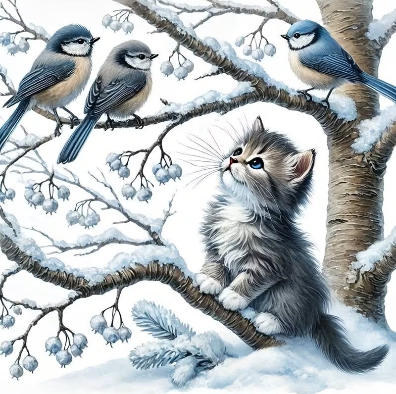 30x30cm Diamond Painting poes vogeltjes nr 305