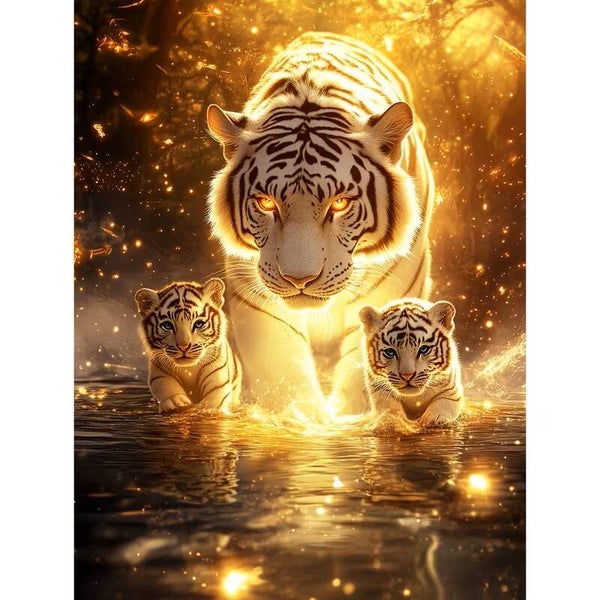 Diamond Painting tijger welpjes 50x40cm (rond)
