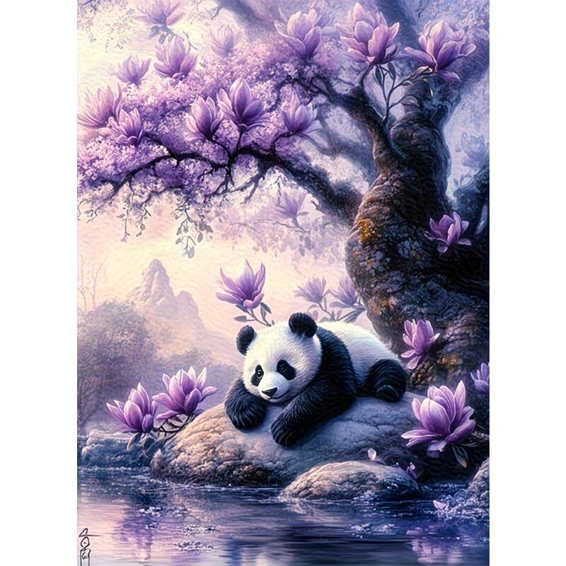 Diamond Painting pandaberen lila bos 40x30cm (rond)