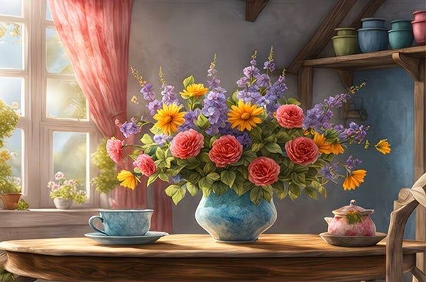 nr 407 Diamond Painting bloemen keukentafel 30x20cm (rond)