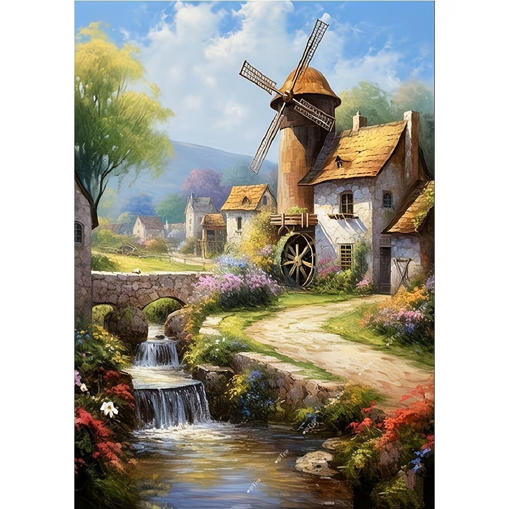 Diamond Painting dijk huisje met molen 40x30cm (rond)