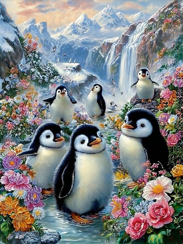 nr 193 Diamond Painting pinguins bloemen 40x30cm (vierkant)