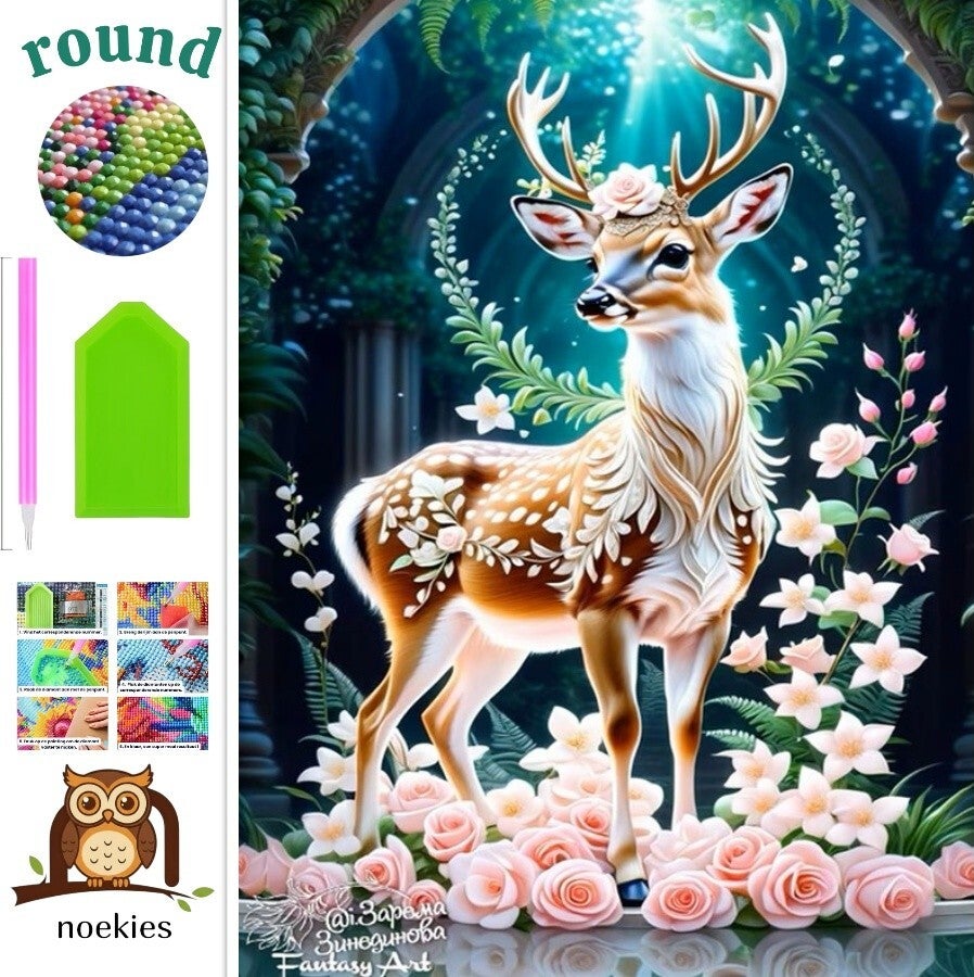 nr 375 Diamond Painting hert rozen 30x20cm (rond)