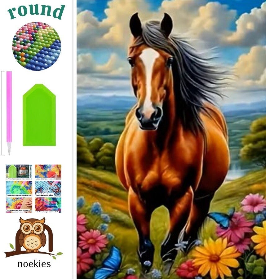 nr 665 Diamond Painting paard met bloemen 40x30m (rond)
