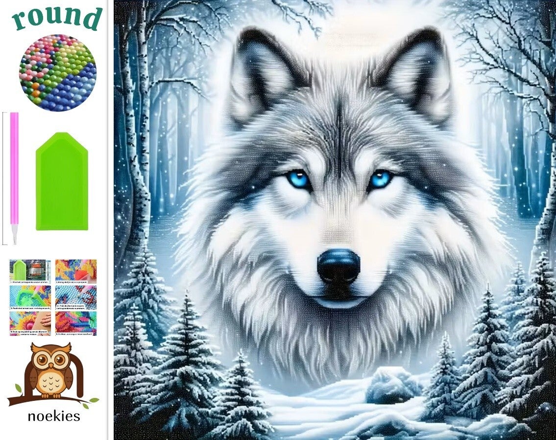 nr 548 Diamond Painting wolf blauwe ogen 20x20cm (rond)