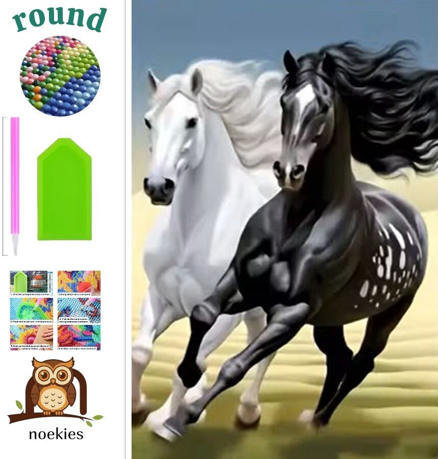 nr 667 Diamond Painting zwart en wit paard 40x30cm (rond)