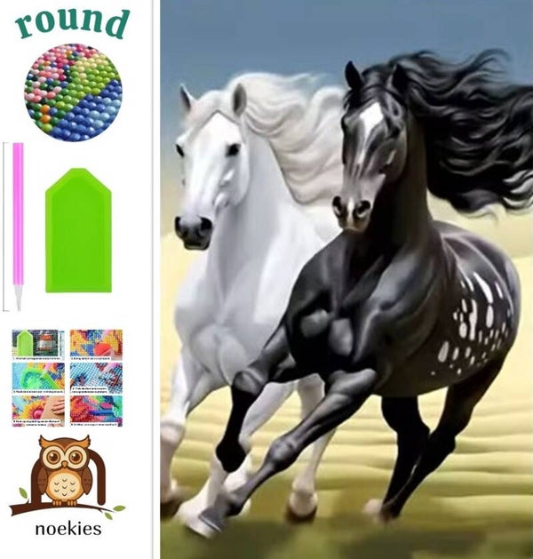 nr 667 Diamond Painting zwart en wit paard 40x30cm (rond)