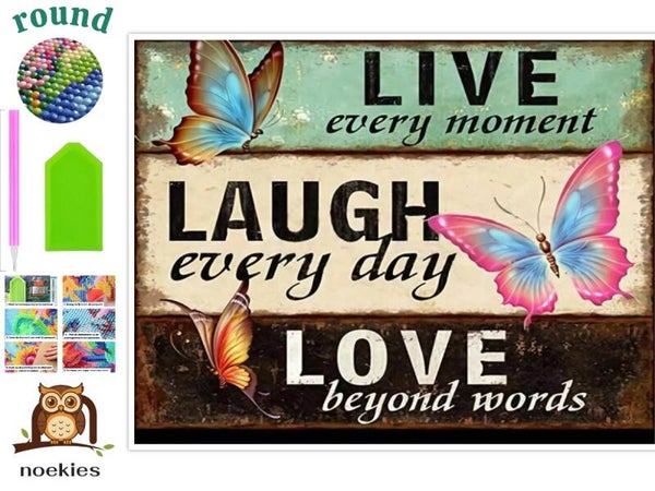 Diamond Painting Live Laugh Love Vlinders 50x40 cm (rond)