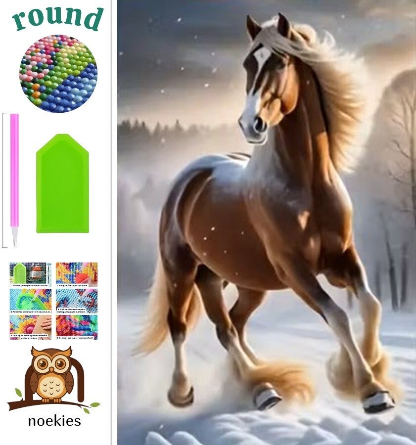 nr 668 Diamond painting paard in de sneeuw 40x30cm (rond)