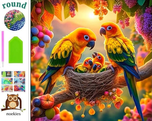 nr 598 Diamond Painting papegaaien nest 40x40cm (rond)