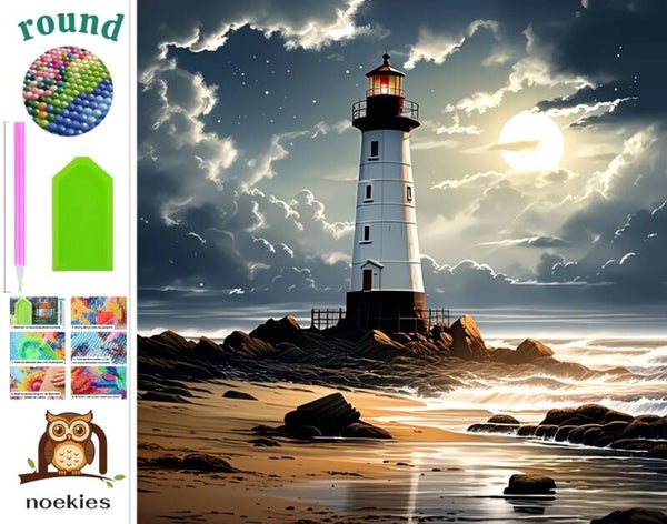 nr 617 Diamond Painting vuurtoren aan zee 40x40cm (rond)