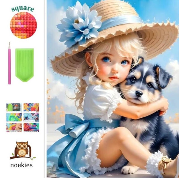 nr 39 Diamond painting meisje met hondje 50x40cm (vierkant)