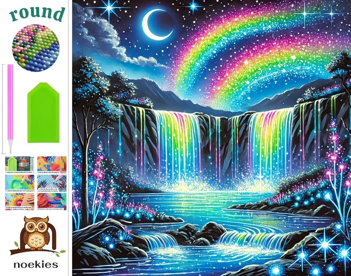 nr 619 Diamond Painting verlichte watervallen 40x40cm (rond)