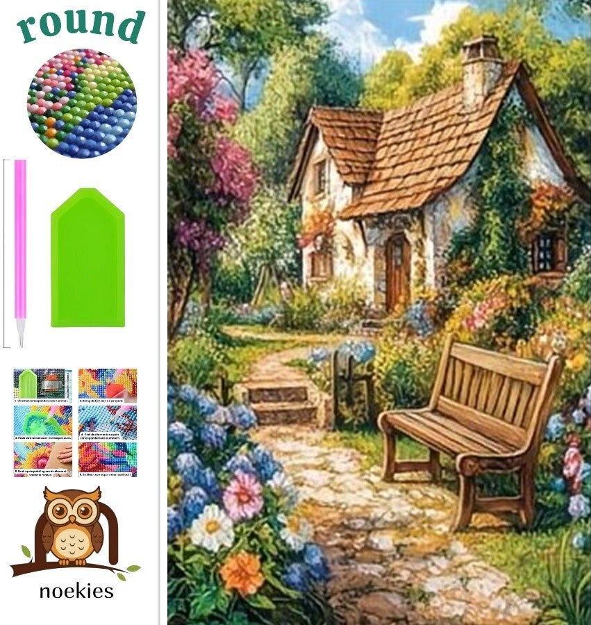 nr 674 Diamond Painting landhuisje met tuin 40x30cm (rond)