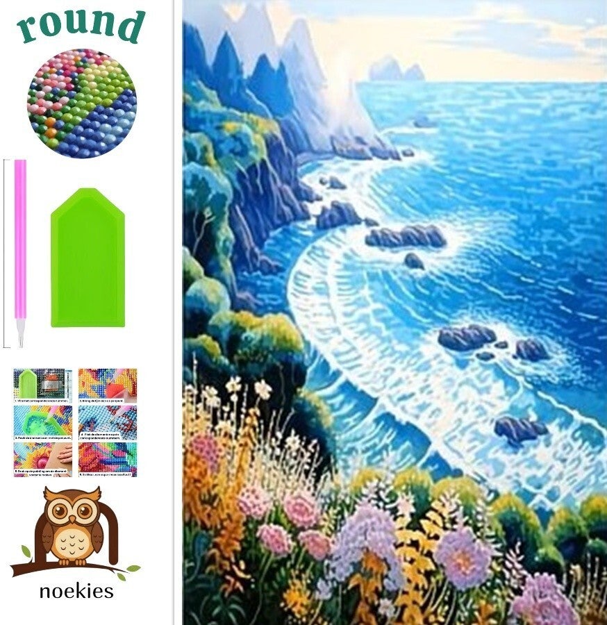 nr 657 Diamond Painting zee met bloemen 40x30cm (rond)