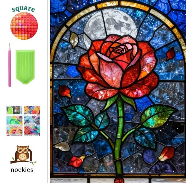 nr 68 Diamond Painting roos in glas en lood 50x40cm (vierkant)