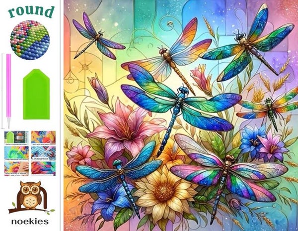 nr 602 Diamond Painting libelle's met bloemen 40x40cm (rond)