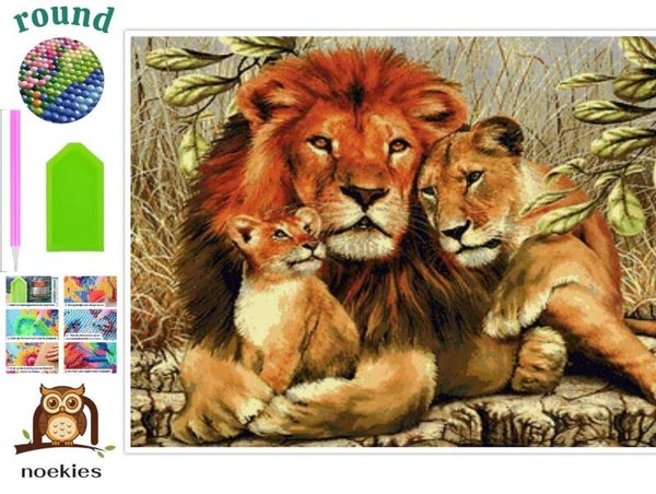 nr 2087 Diamond Painting set Leeuw met welpen 30x20cm (rond)
