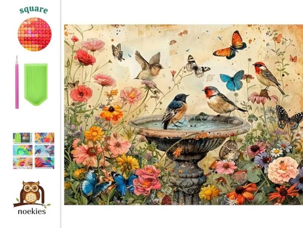 nr 44 Diamond Painting vogelbad met vlinders 50x40cm (vierkant)