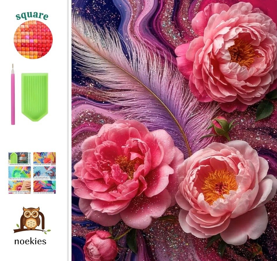nr 176 Diamond Painting roze bloemen 40x30cm (vierkant)